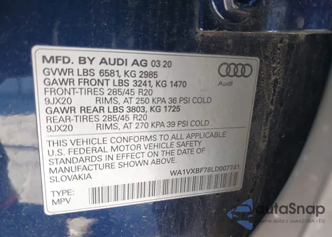 2020 Audi Q7 Prestige 55 Tfsi Quattro Tiptronic из США, поврежденный, VIN WA1VXBF78LD007741